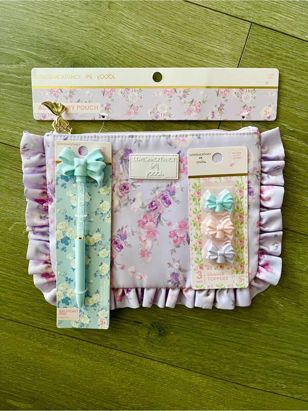 NWT Target x LoveShackFancy Girls Floral Ruffle Pouch, Pen and Eraser Bundle